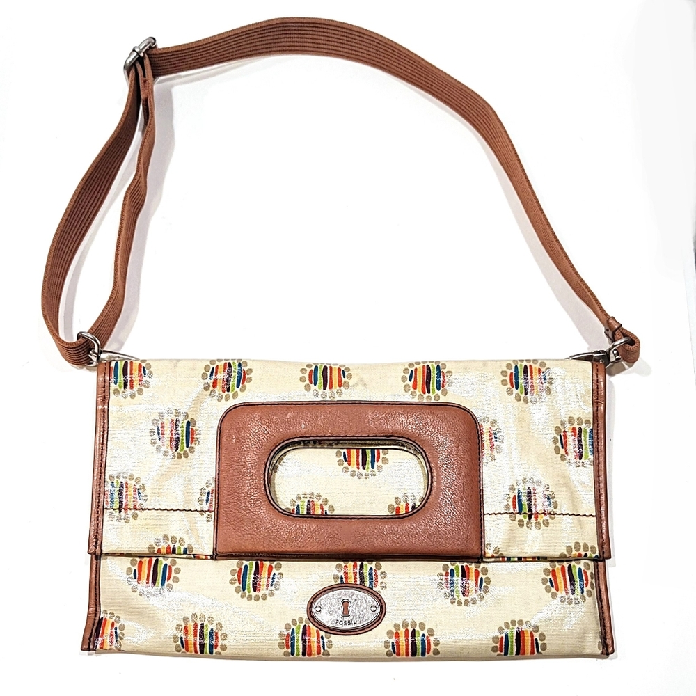 Fossil Key-Per Foldover Convertible Bag Coated Canvas Leather Colorful Dot Print